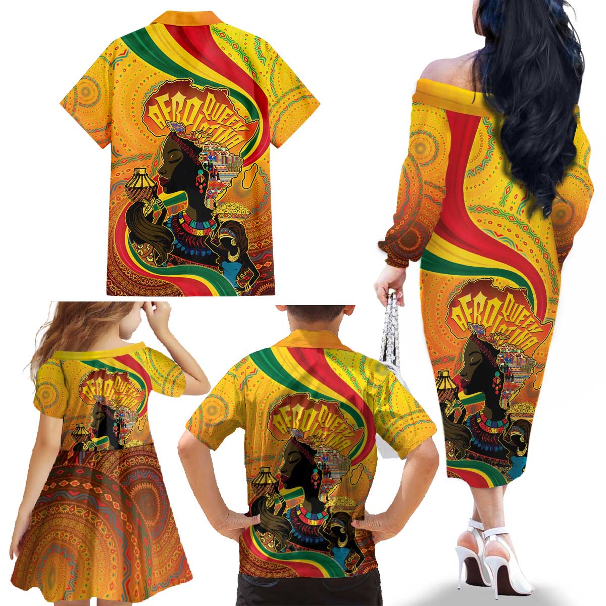 Afro Latina Queen Family Matching Off The Shoulder Long Sleeve Dress and Hawaiian Shirt The Beauty Of Black Women - Wonder Print Shop