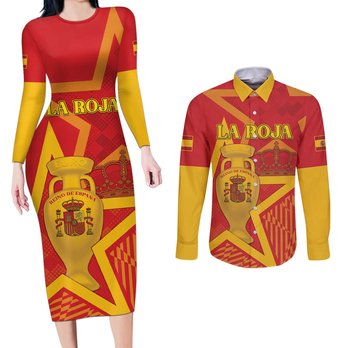 Custom Spain 2024 Football Couples Matching Long Sleeve Bodycon Dress and Long Sleeve Button Shirt La Roja Reigns Supreme LT05 - Wonder Print Shop