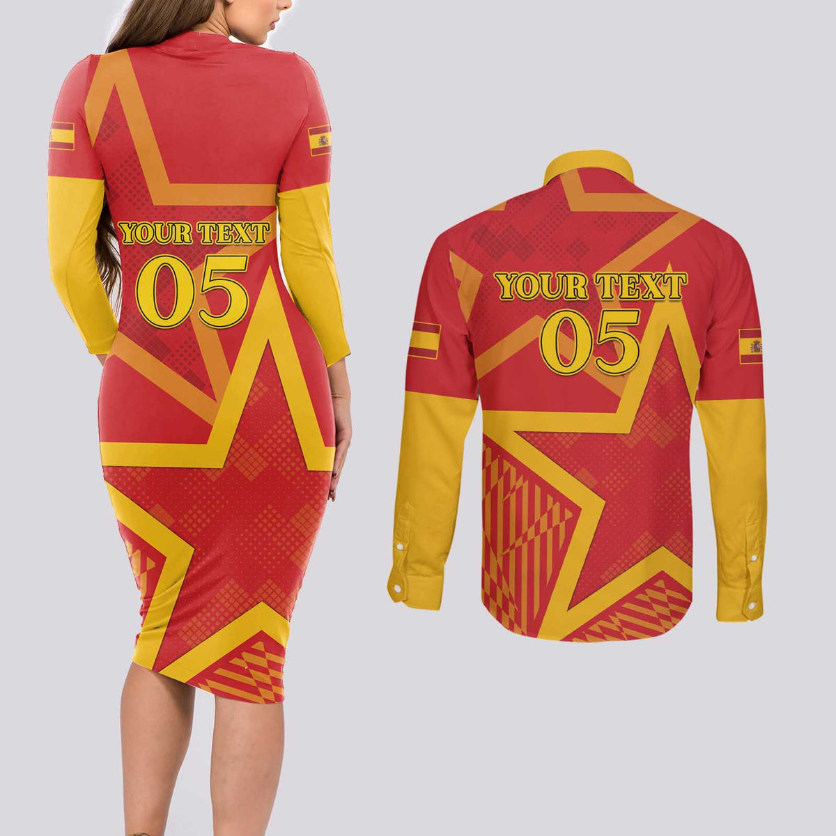 Custom Spain 2024 Football Couples Matching Long Sleeve Bodycon Dress and Long Sleeve Button Shirt La Roja Reigns Supreme LT05 - Wonder Print Shop