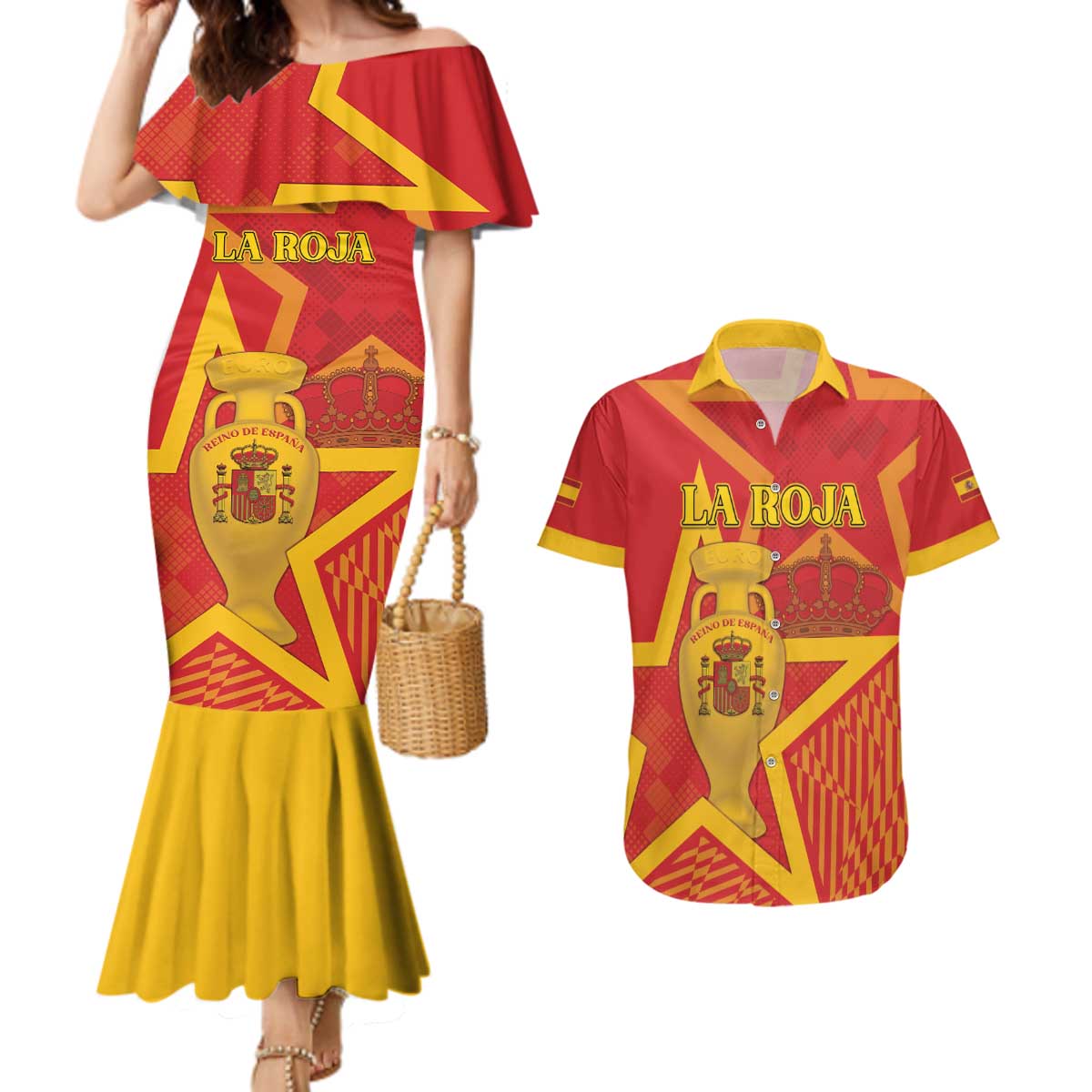Custom Spain 2024 Football Couples Matching Mermaid Dress and Hawaiian Shirt La Roja Reigns Supreme LT05 - Wonder Print Shop