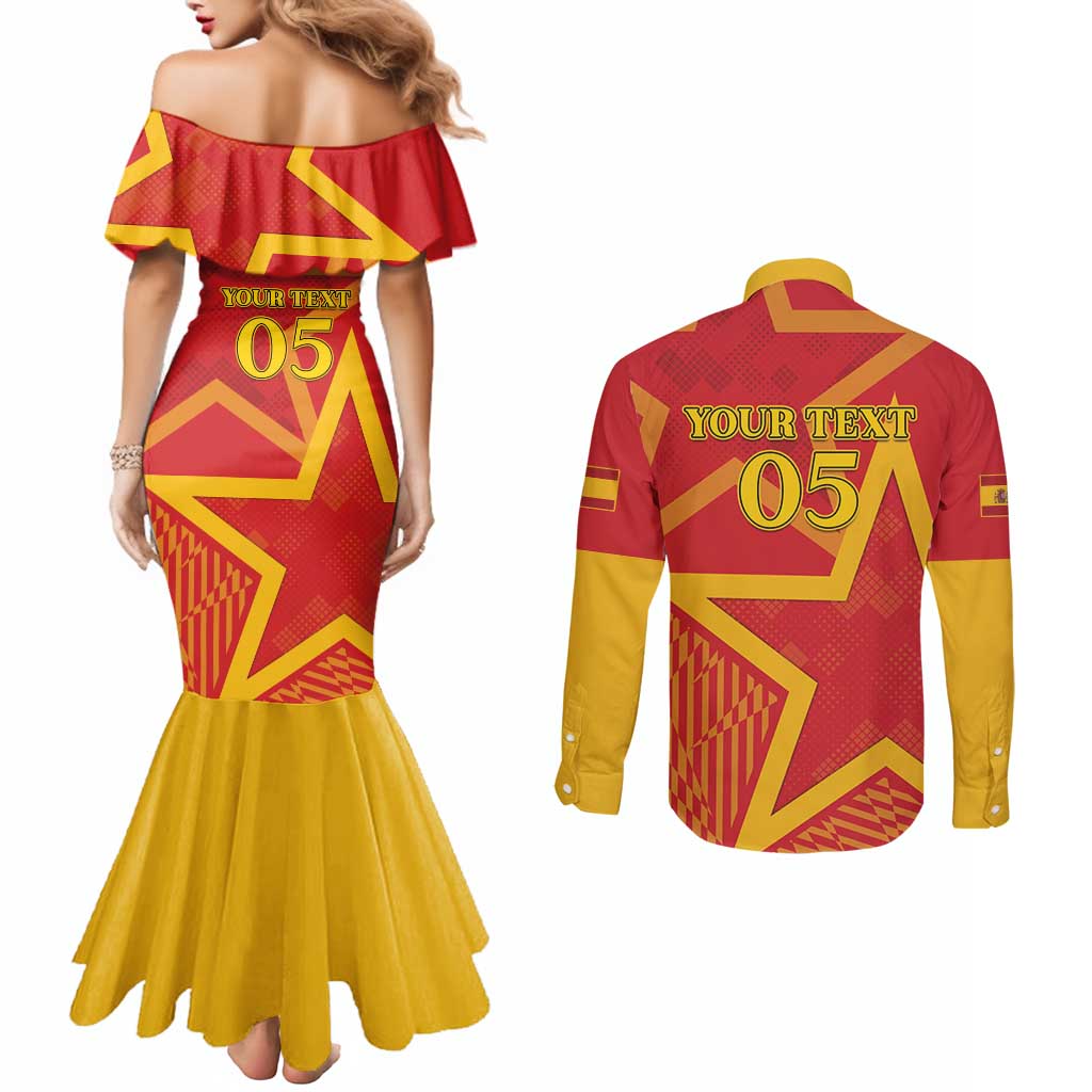 Custom Spain 2024 Football Couples Matching Mermaid Dress and Long Sleeve Button Shirt La Roja Reigns Supreme