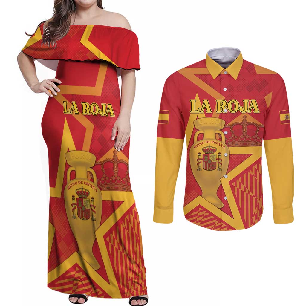 Custom Spain 2024 Football Couples Matching Off Shoulder Maxi Dress and Long Sleeve Button Shirt La Roja Reigns Supreme LT05 - Wonder Print Shop