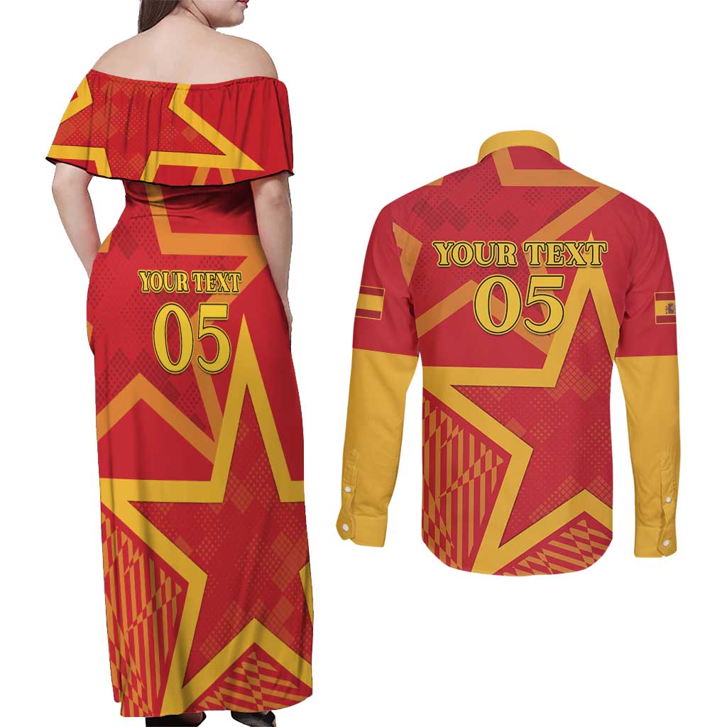 Custom Spain 2024 Football Couples Matching Off Shoulder Maxi Dress and Long Sleeve Button Shirt La Roja Reigns Supreme LT05 - Wonder Print Shop