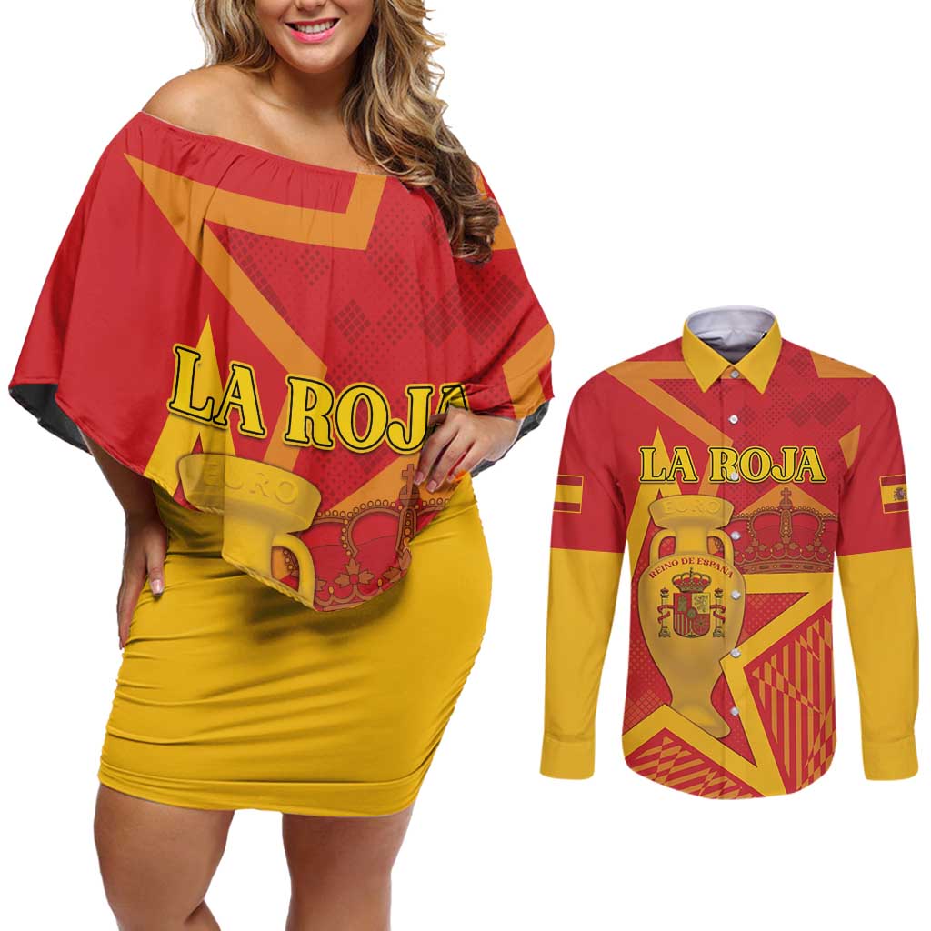 Custom Spain 2024 Football Couples Matching Off Shoulder Short Dress and Long Sleeve Button Shirt La Roja Reigns Supreme LT05 - Wonder Print Shop