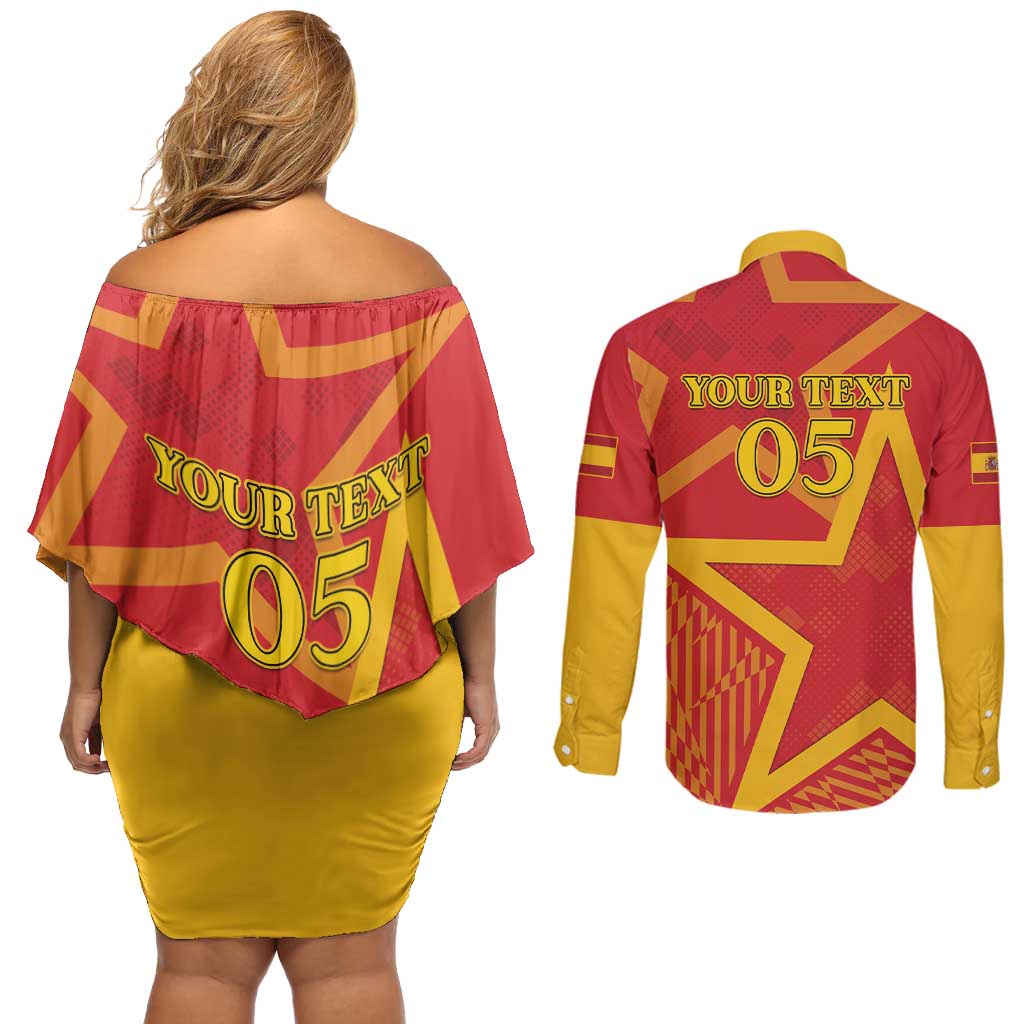 Custom Spain 2024 Football Couples Matching Off Shoulder Short Dress and Long Sleeve Button Shirt La Roja Reigns Supreme LT05 - Wonder Print Shop