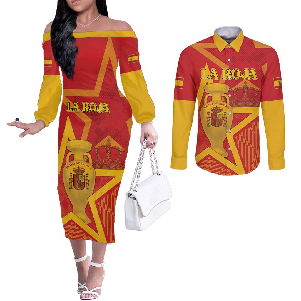 Custom Spain 2024 Football Couples Matching Off The Shoulder Long Sleeve Dress and Long Sleeve Button Shirt La Roja Reigns Supreme