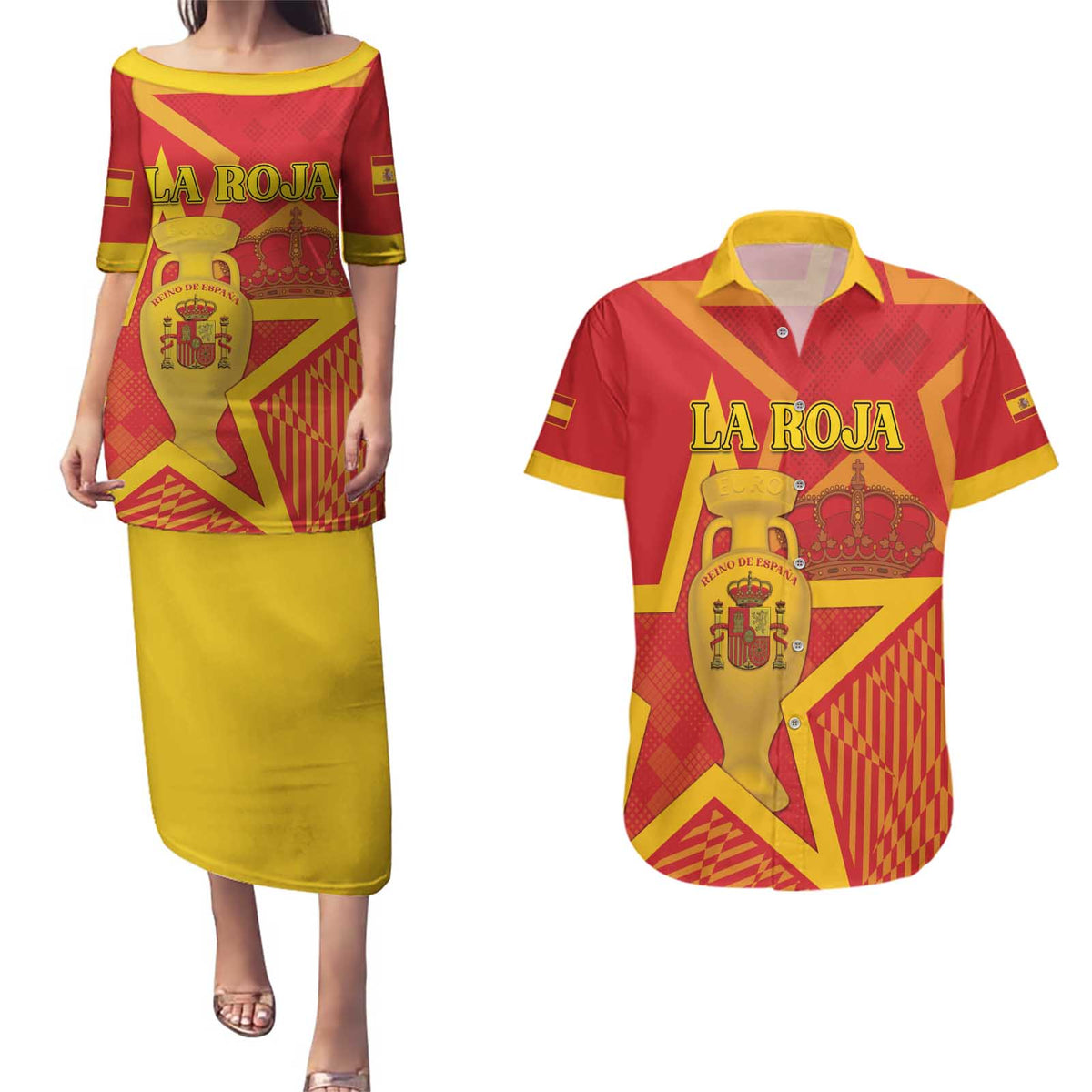 Custom Spain 2024 Football Couples Matching Puletasi and Hawaiian Shirt La Roja Reigns Supreme LT05 - Wonder Print Shop