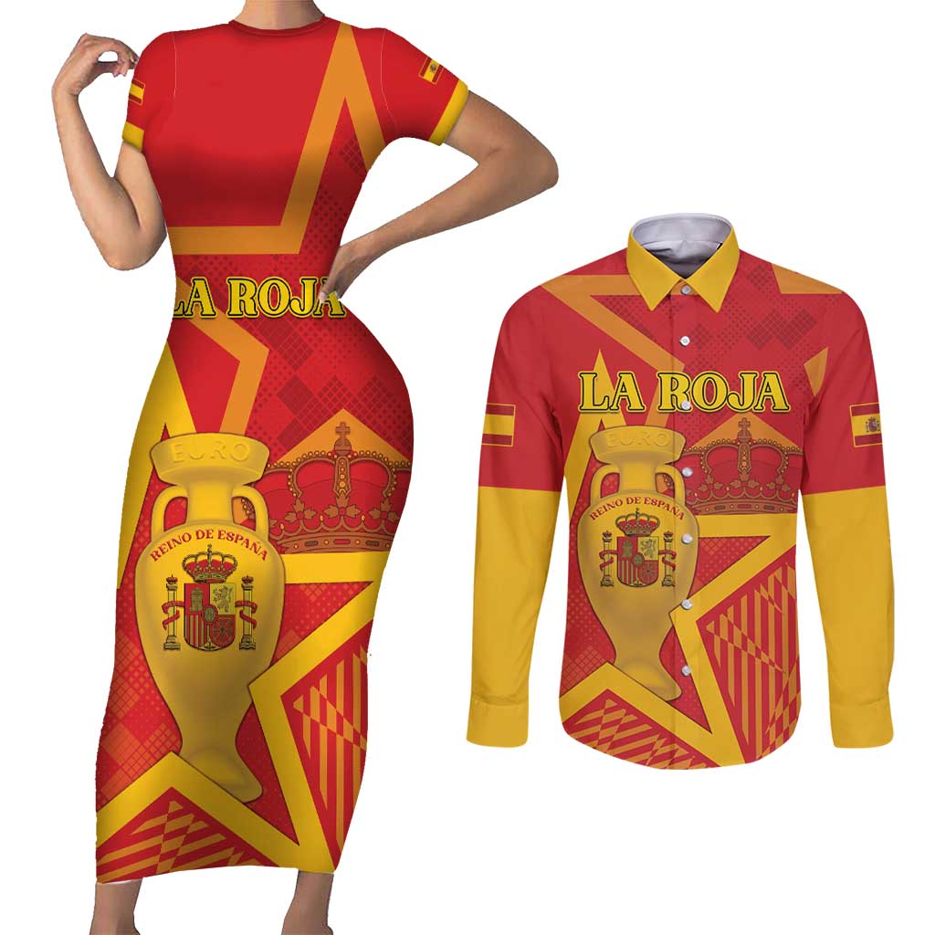 Custom Spain 2024 Football Couples Matching Short Sleeve Bodycon Dress and Long Sleeve Button Shirt La Roja Reigns Supreme LT05 - Wonder Print Shop