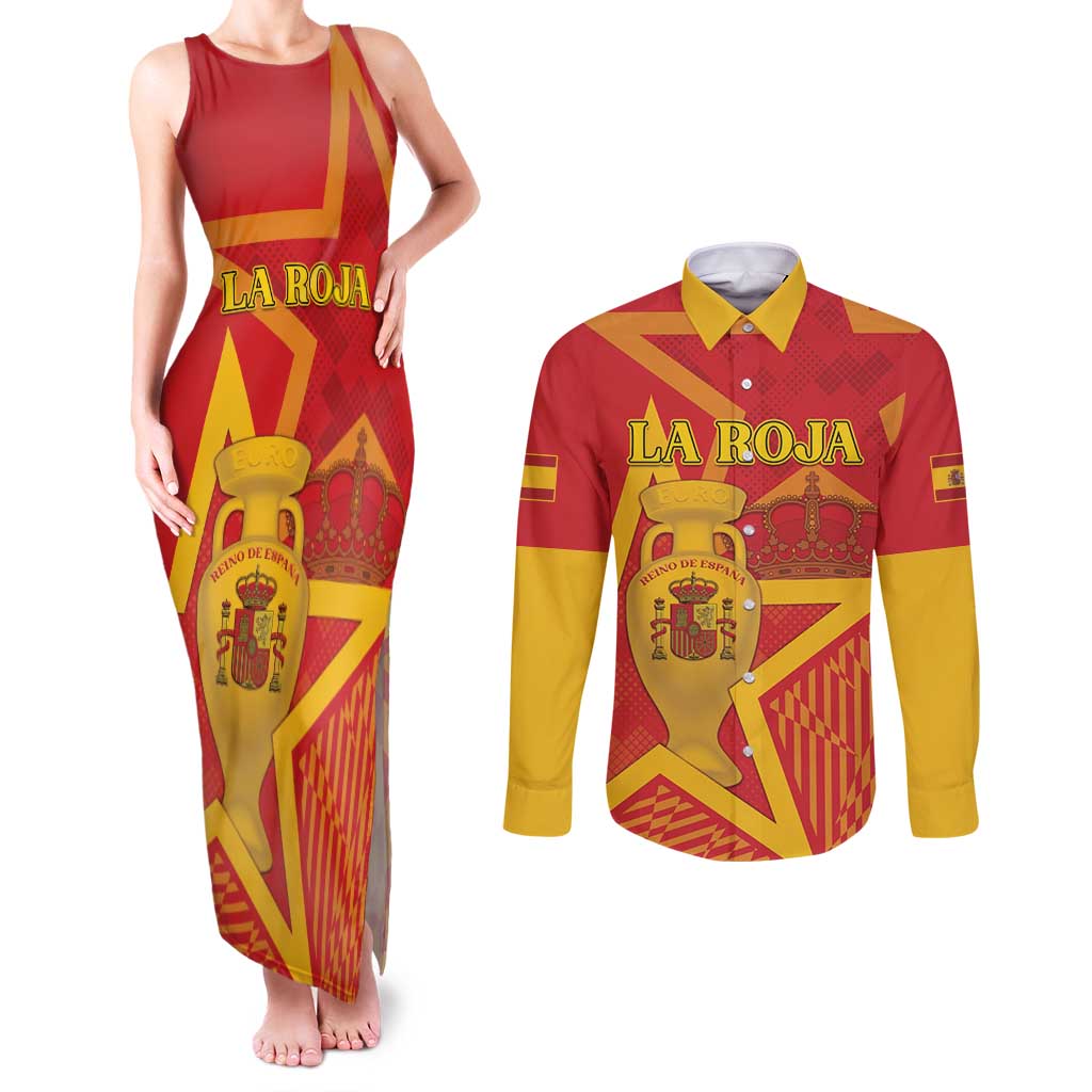Custom Spain 2024 Football Couples Matching Tank Maxi Dress and Long Sleeve Button Shirt La Roja Reigns Supreme LT05 - Wonder Print Shop