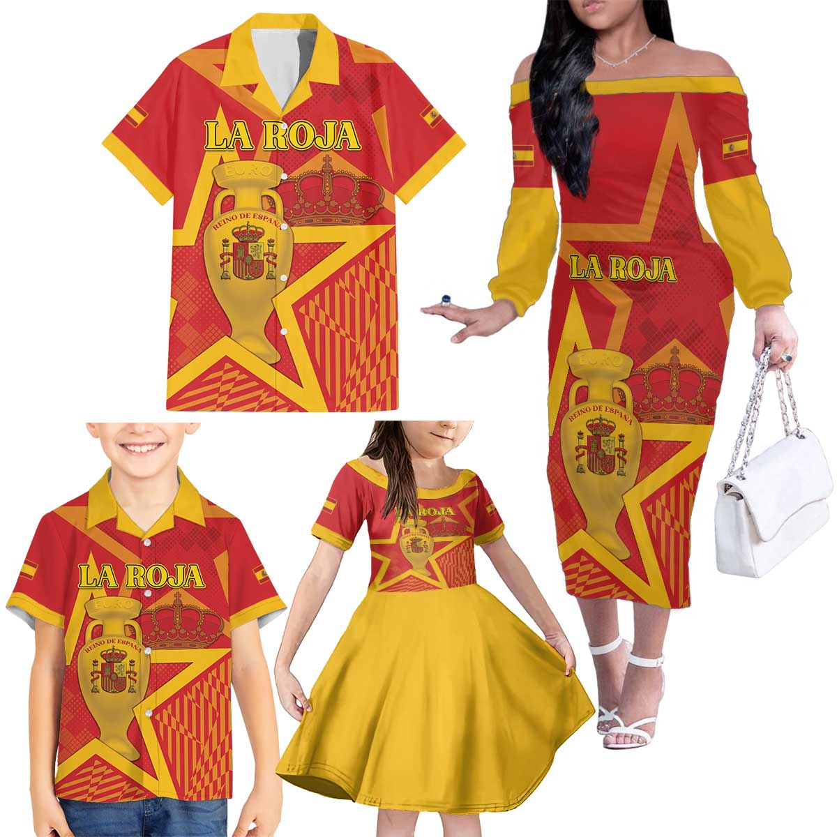 Custom Spain 2024 Football Family Matching Off The Shoulder Long Sleeve Dress and Hawaiian Shirt La Roja Reigns Supreme LT05 - Wonder Print Shop