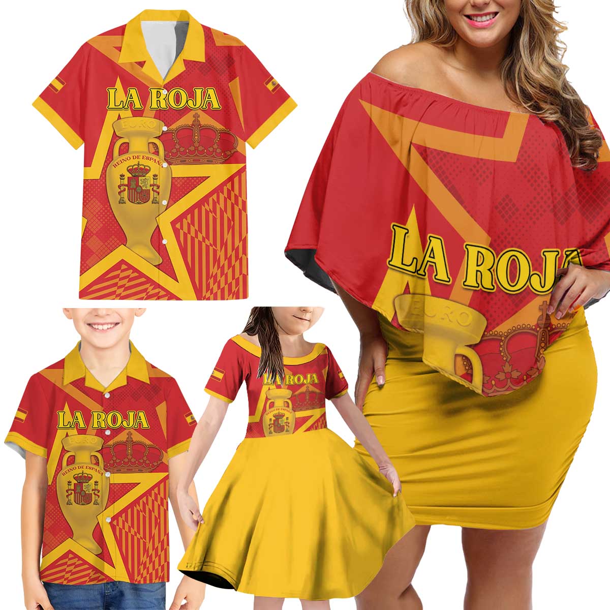 Custom Spain 2024 Football Family Matching Off Shoulder Short Dress and Hawaiian Shirt La Roja Reigns Supreme LT05 - Wonder Print Shop