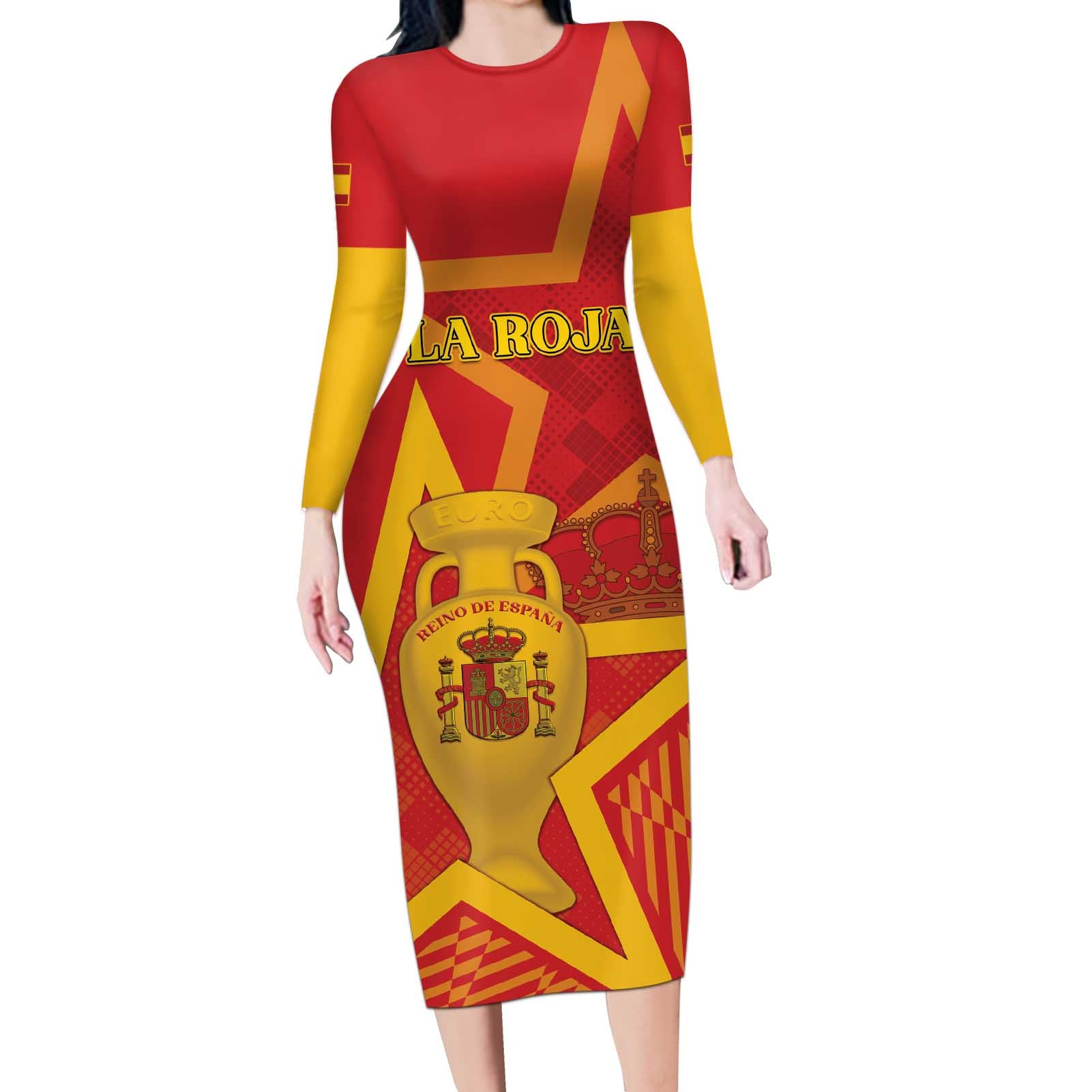 Custom Spain 2024 Football Long Sleeve Bodycon Dress La Roja Reigns Supreme LT05 - Wonder Print Shop