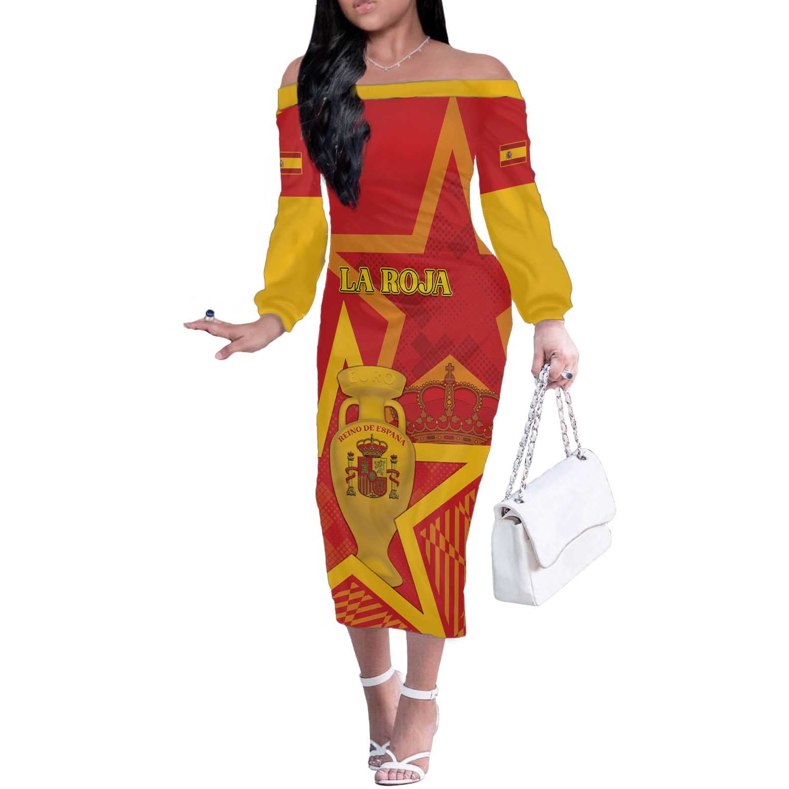 Custom Spain 2024 Football Off The Shoulder Long Sleeve Dress La Roja Reigns Supreme LT05 - Wonder Print Shop