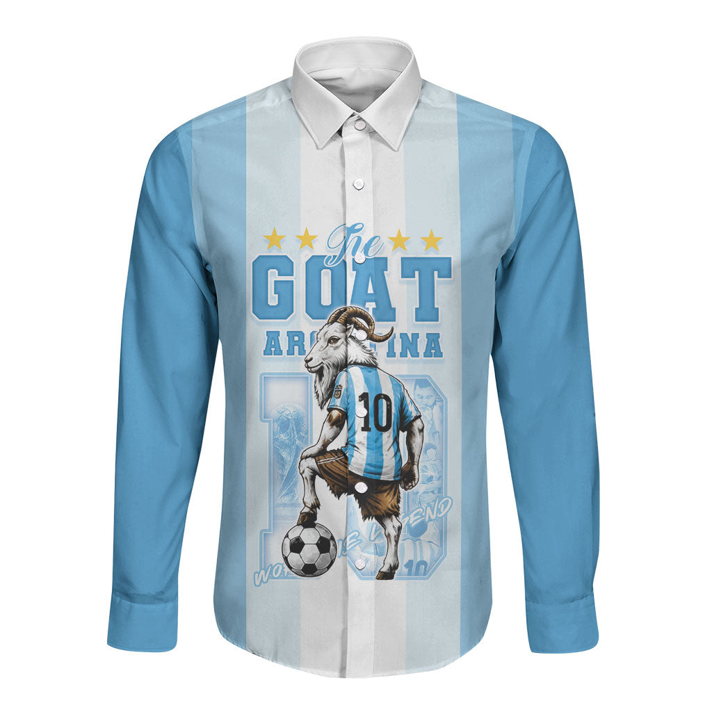 Custom Argentina Football GOAT 10 Long Sleeve Button Shirt Worldwide Legend