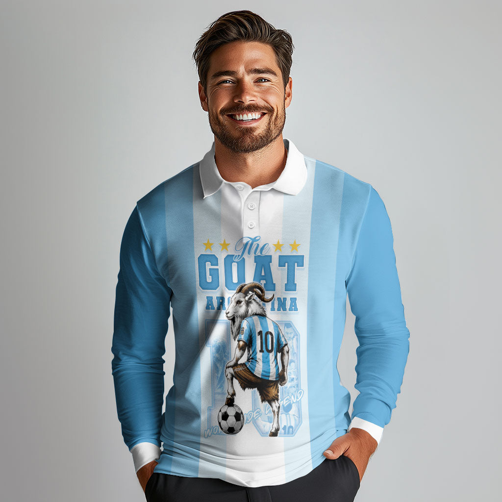 Custom Argentina Football GOAT 10 Long Sleeve Polo Shirt Worldwide Legend