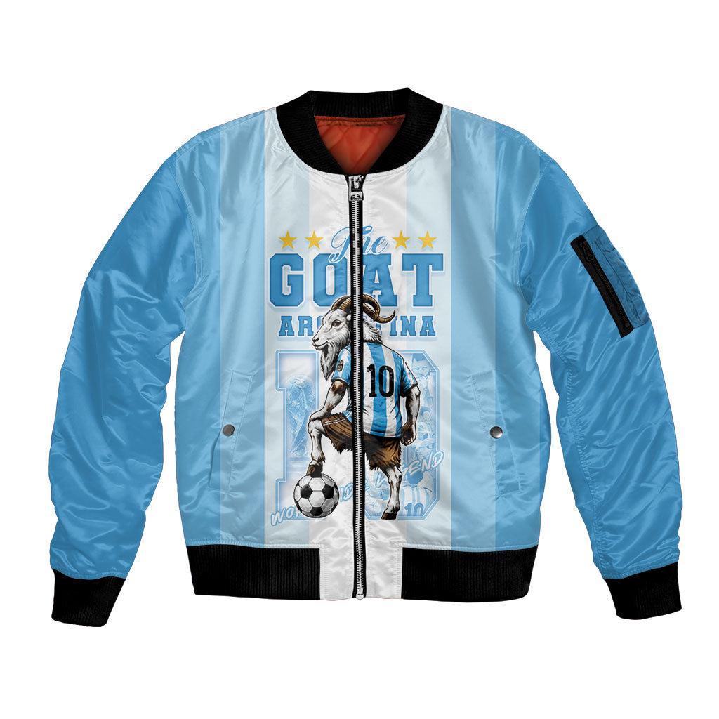 Custom Argentina Football GOAT 10 Sleeve Zip Bomber Jacket Worldwide Legend