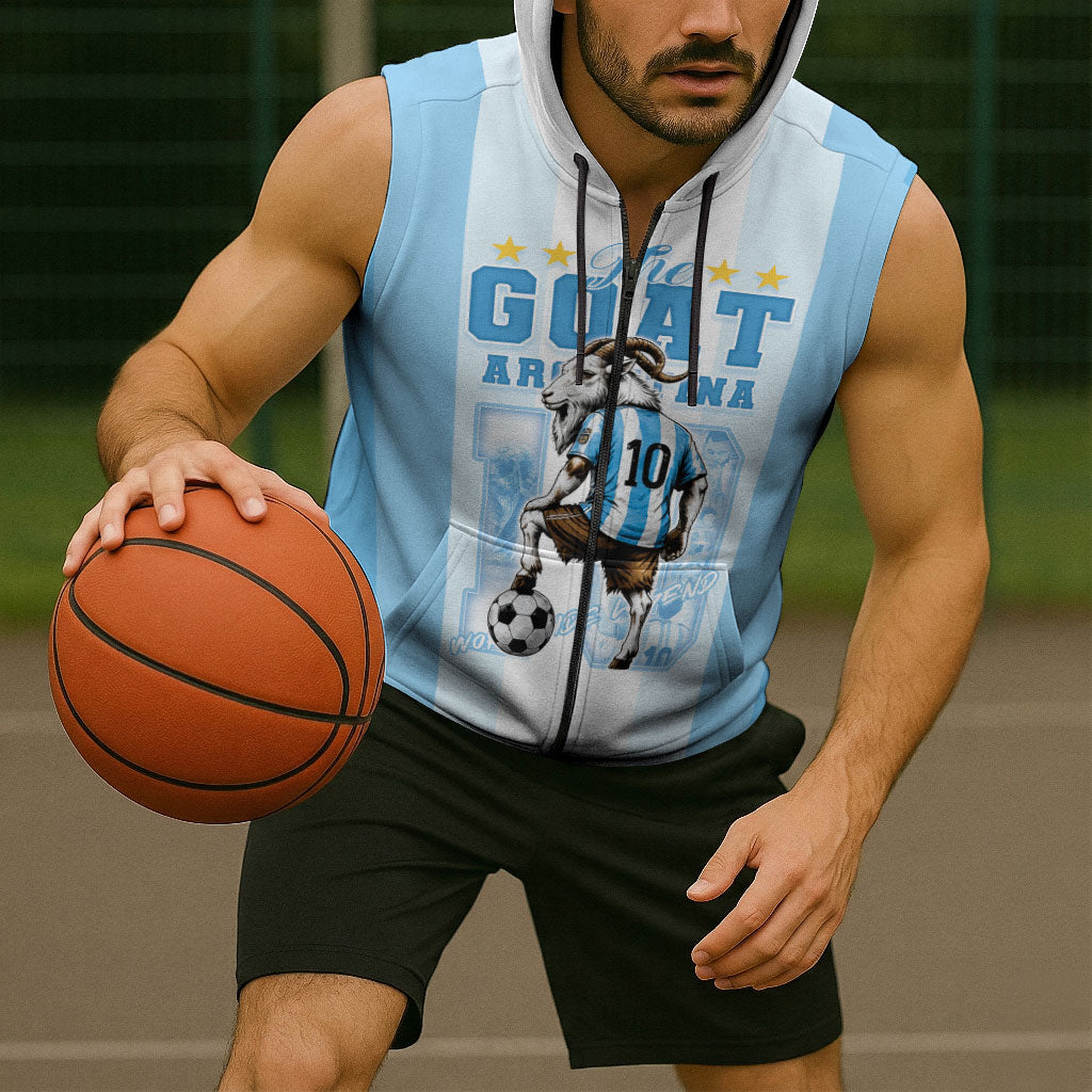 Custom Argentina Football GOAT 10 Sleeveless Zip Hoodie Worldwide Legend