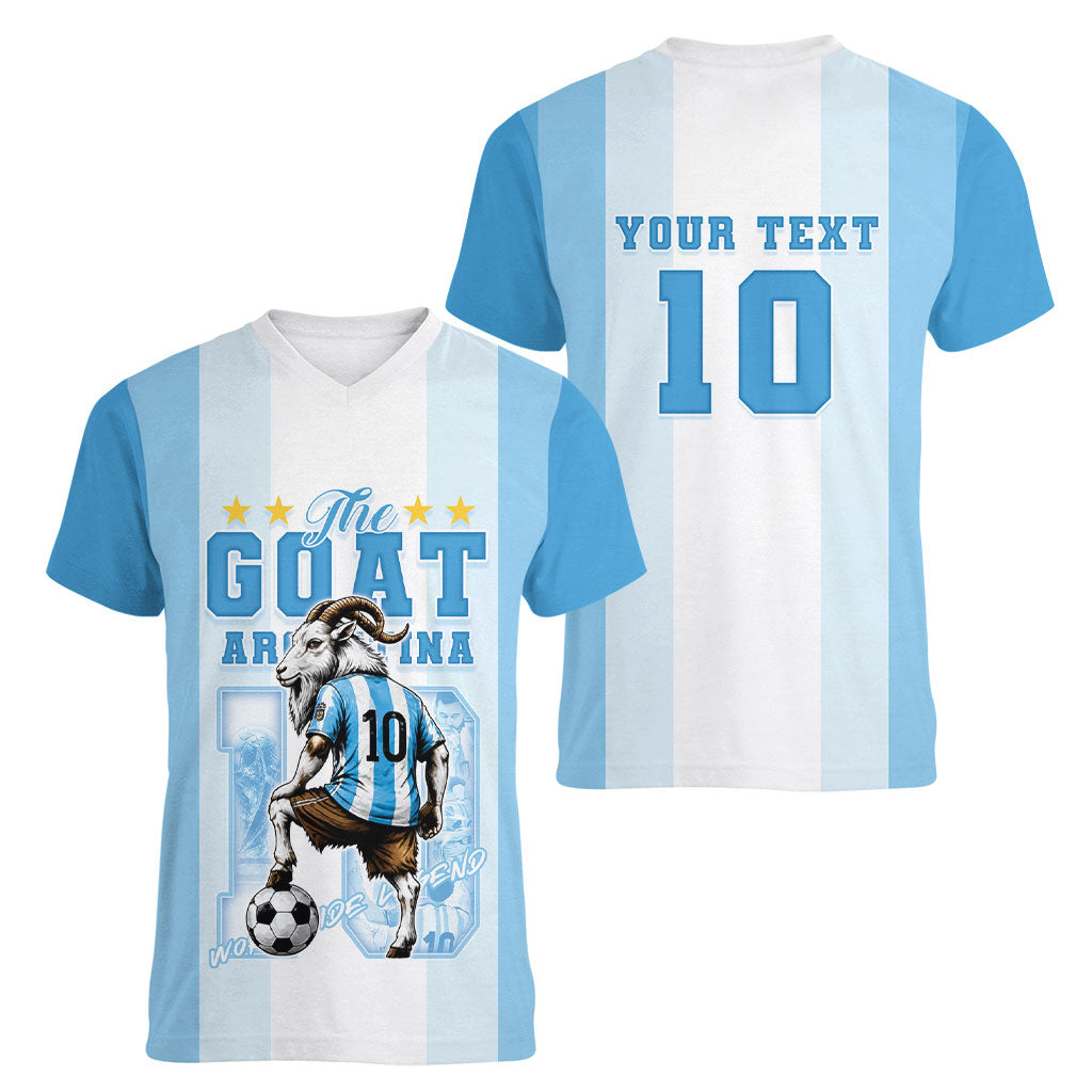 Custom Argentina Football GOAT 10 Women V-Neck T-Shirt Worldwide Legend