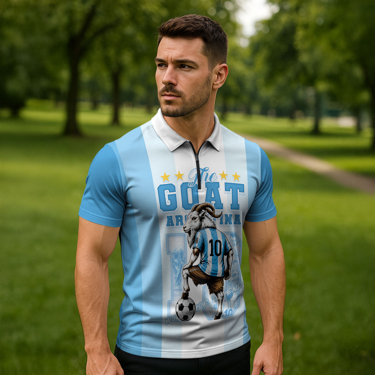 Custom Argentina Football GOAT 10 Zipper Polo Shirt Worldwide Legend