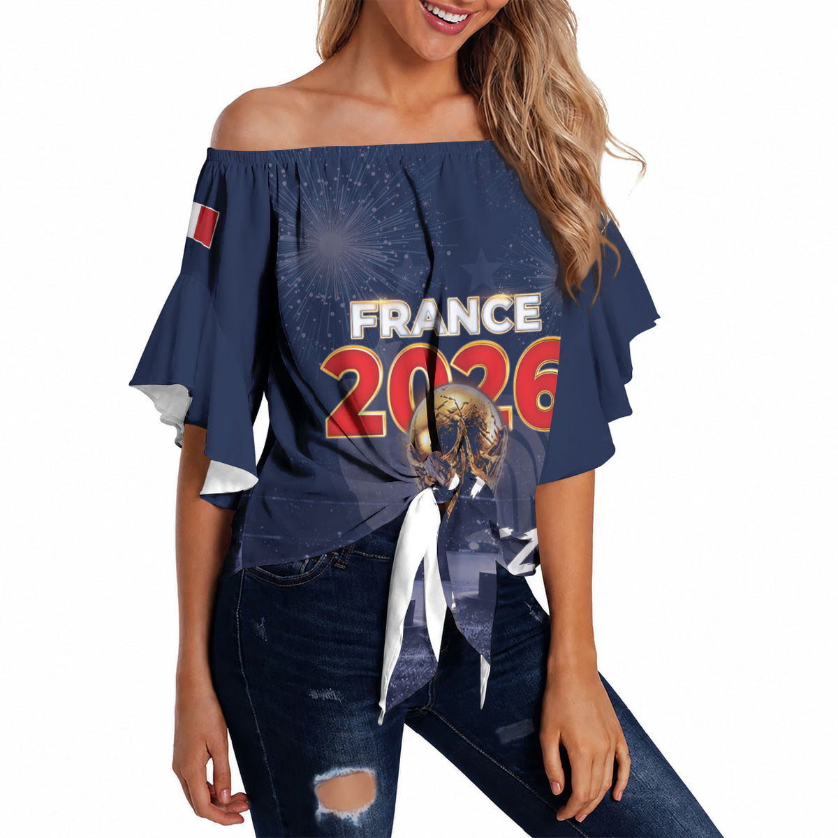 Custom World Football 2026 France Off Shoulder Wrap Waist Top Allez Les Bleus