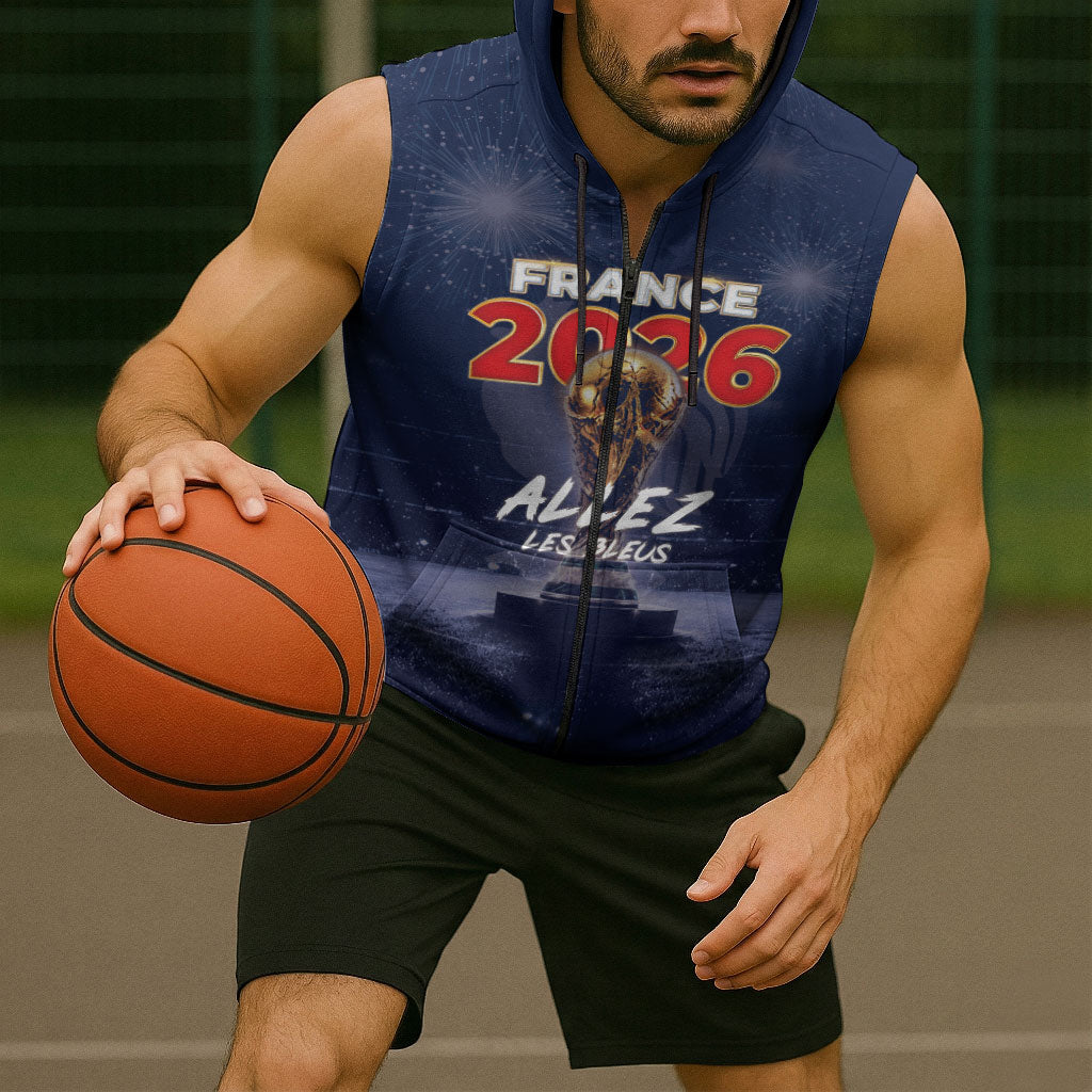 Custom World Football 2026 France Sleeveless Zip Hoodie Allez Les Bleus