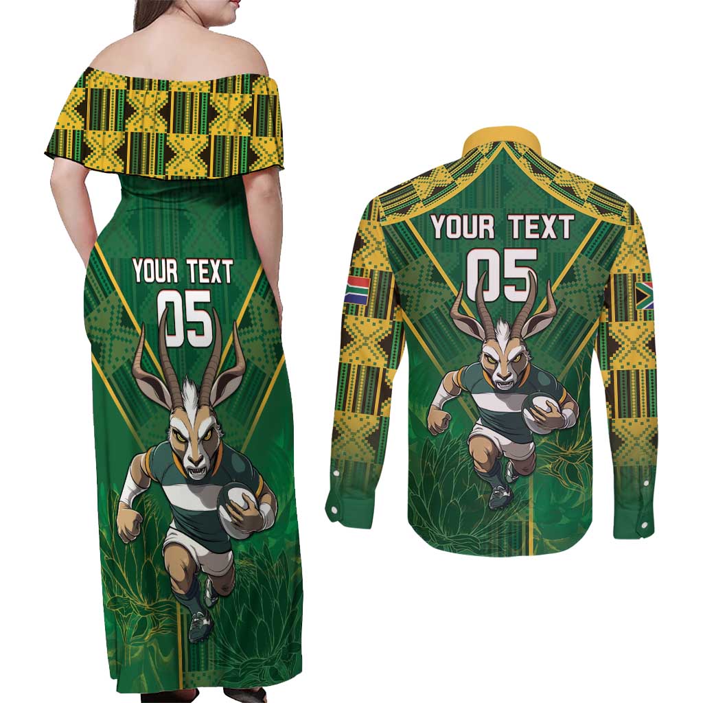 Custom South Africa Rugby 2024 Couples Matching Off Shoulder Maxi Dress and Long Sleeve Button Shirt Go Bokke African Pattern LT05 - Wonder Print Shop
