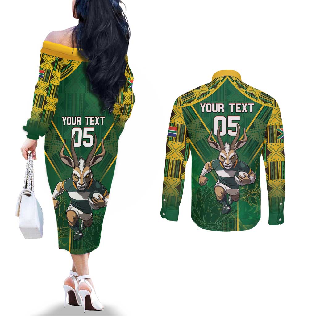 Custom South Africa Rugby 2024 Couples Matching Off The Shoulder Long Sleeve Dress and Long Sleeve Button Shirt Go Bokke African Pattern