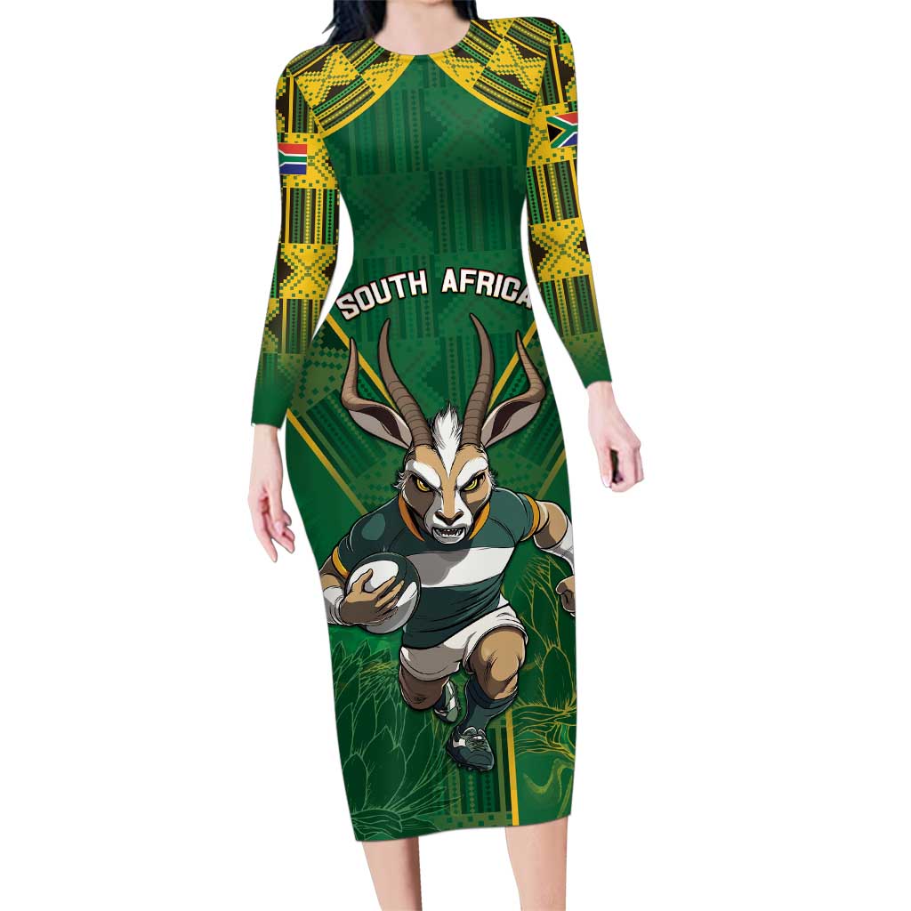 Custom South Africa Rugby 2024 Family Matching Long Sleeve Bodycon Dress and Hawaiian Shirt Go Bokke African Pattern LT05 - Wonder Print Shop