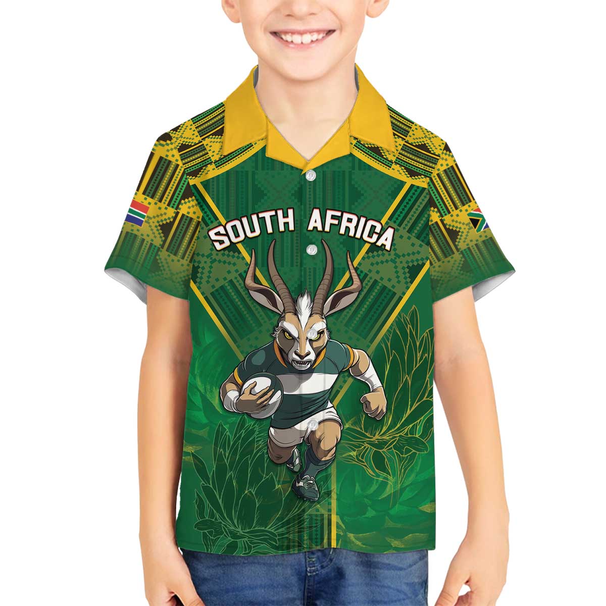 Custom South Africa Rugby 2024 Family Matching Off Shoulder Short Dress and Hawaiian Shirt Go Bokke African Pattern LT05 - Wonder Print Shop
