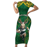Custom South Africa Rugby 2024 Family Matching Short Sleeve Bodycon Dress and Hawaiian Shirt Go Bokke African Pattern LT05 - Wonder Print Shop