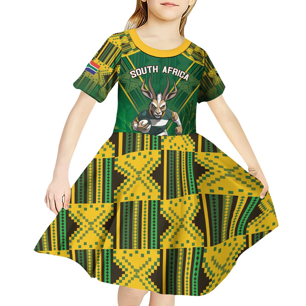 Custom South Africa Rugby 2024 Kid Short Sleeve Dress Go Bokke African Pattern LT05 - Wonder Print Shop