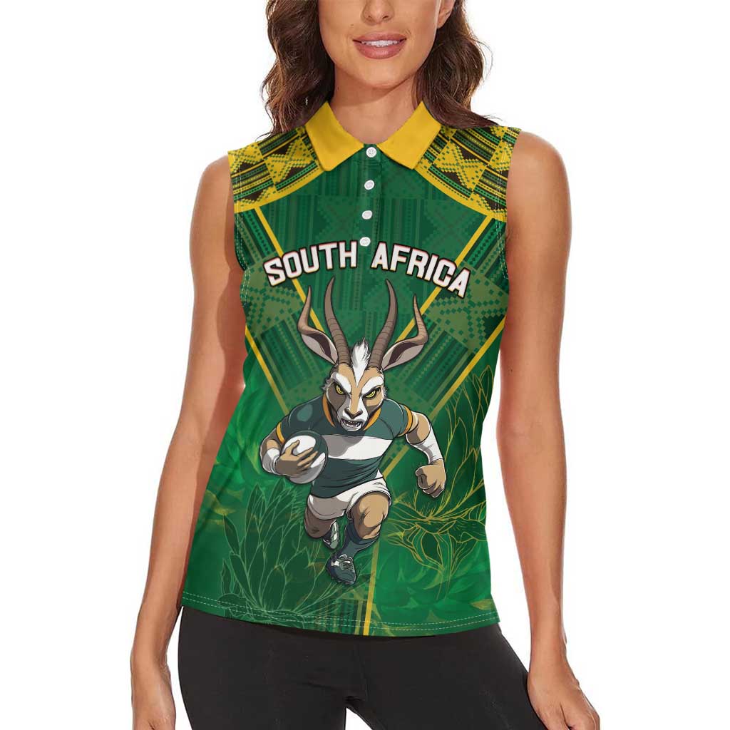 Custom South Africa Rugby 2024 Women Sleeveless Polo Shirt Go Bokke African Pattern LT05 - Wonder Print Shop