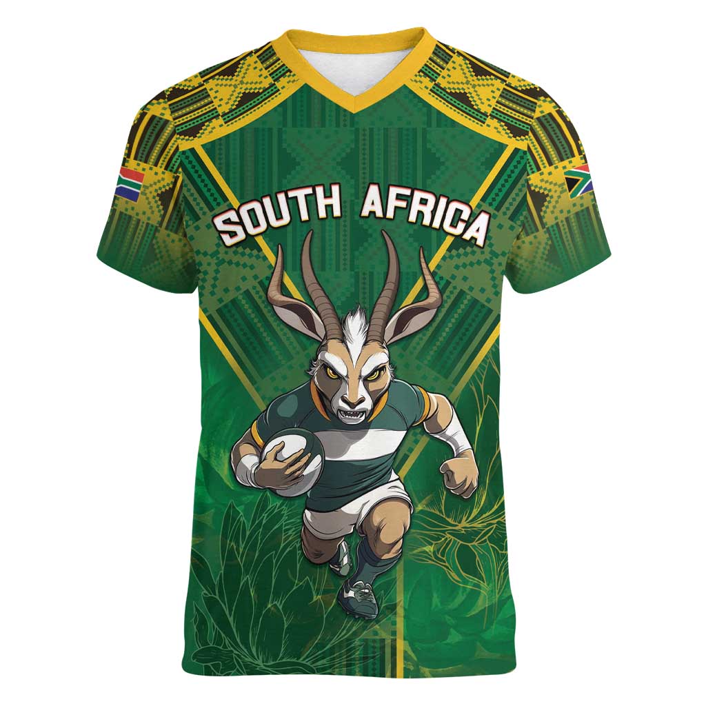 Custom South Africa Rugby 2024 Women V-Neck T-Shirt Go Bokke African Pattern LT05 - Wonder Print Shop