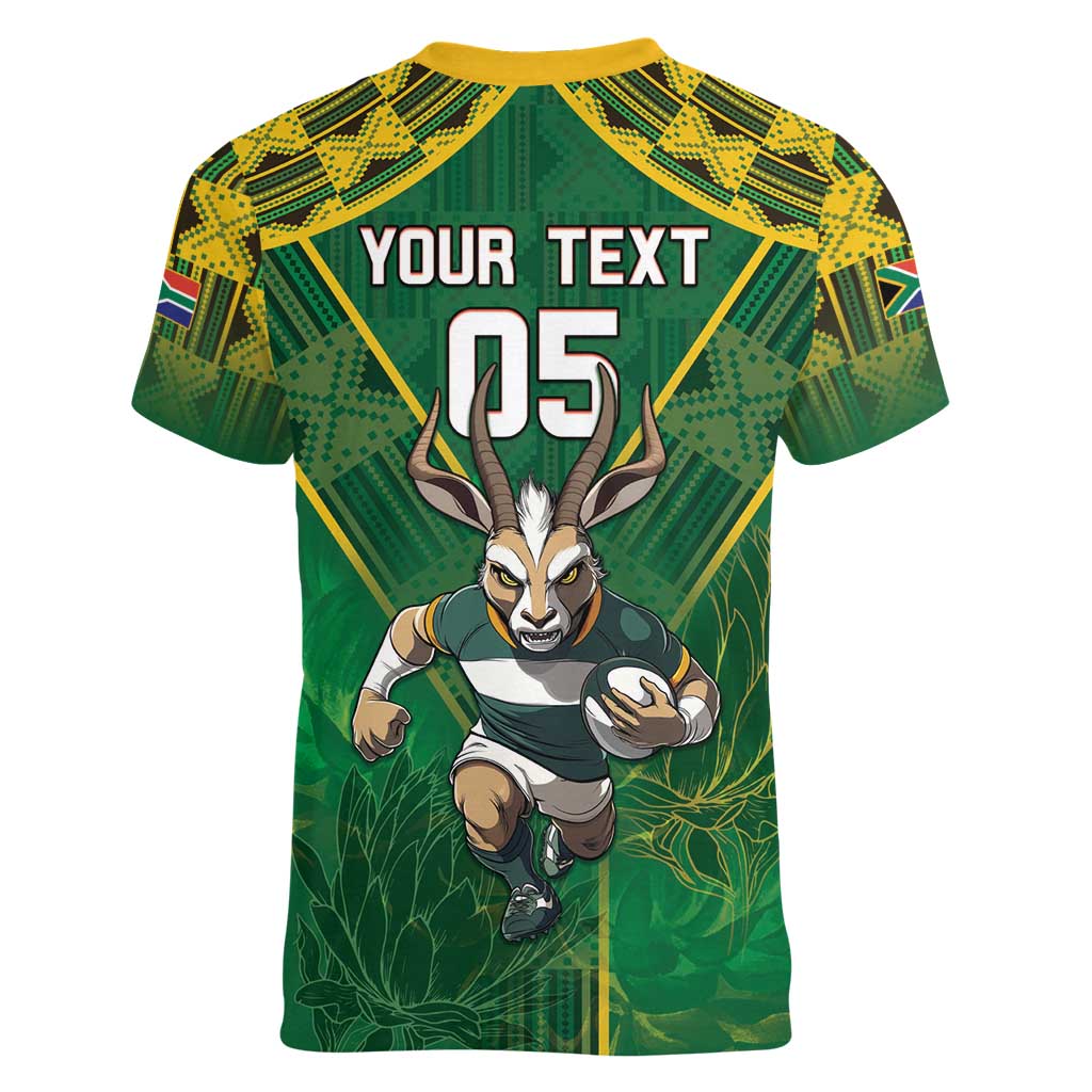 Custom South Africa Rugby 2024 Women V-Neck T-Shirt Go Bokke African Pattern LT05 - Wonder Print Shop
