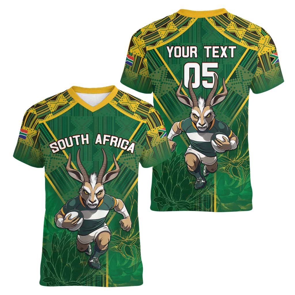 Custom South Africa Rugby 2024 Women V-Neck T-Shirt Go Bokke African Pattern LT05 - Wonder Print Shop