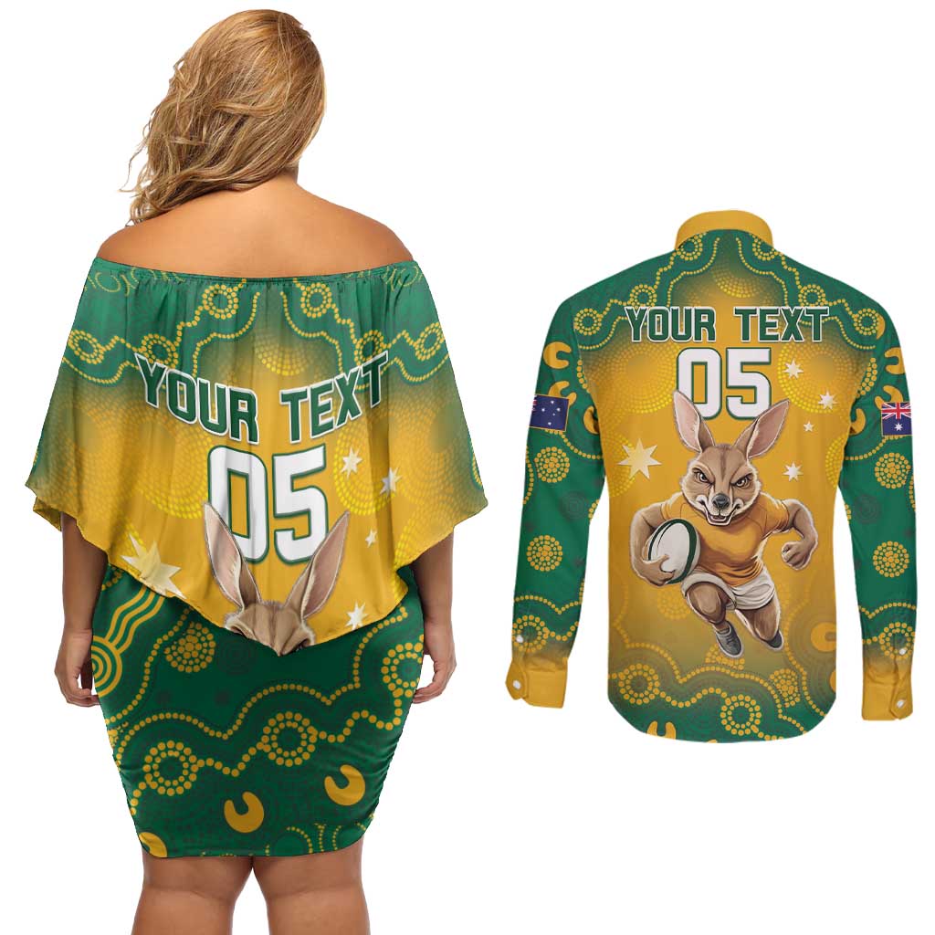 Custom Australia Rugby 2024 Couples Matching Off Shoulder Short Dress and Long Sleeve Button Shirt Go Wallabies Aboriginal Pattern LT05 - Wonder Print Shop