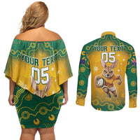 Custom Australia Rugby 2024 Couples Matching Off Shoulder Short Dress and Long Sleeve Button Shirt Go Wallabies Aboriginal Pattern LT05 - Wonder Print Shop