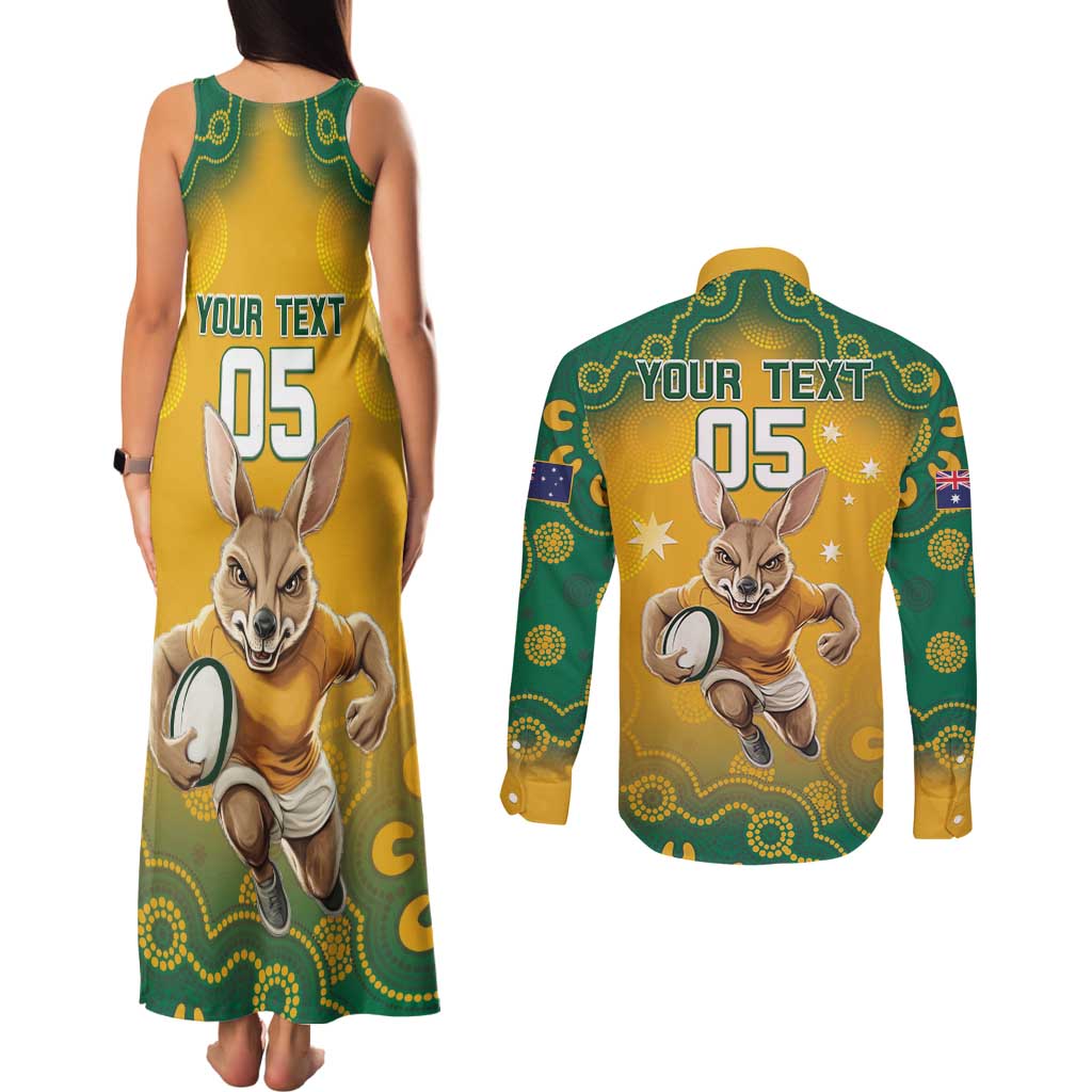 Custom Australia Rugby 2024 Couples Matching Tank Maxi Dress and Long Sleeve Button Shirt Go Wallabies Aboriginal Pattern LT05 - Wonder Print Shop