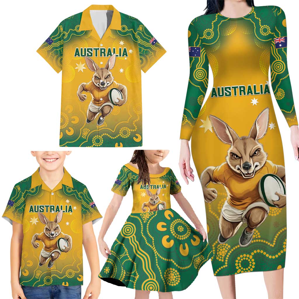 Custom Australia Rugby 2024 Family Matching Long Sleeve Bodycon Dress and Hawaiian Shirt Go Wallabies Aboriginal Pattern LT05 - Wonder Print Shop