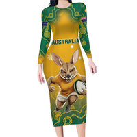 Custom Australia Rugby 2024 Family Matching Long Sleeve Bodycon Dress and Hawaiian Shirt Go Wallabies Aboriginal Pattern LT05 - Wonder Print Shop