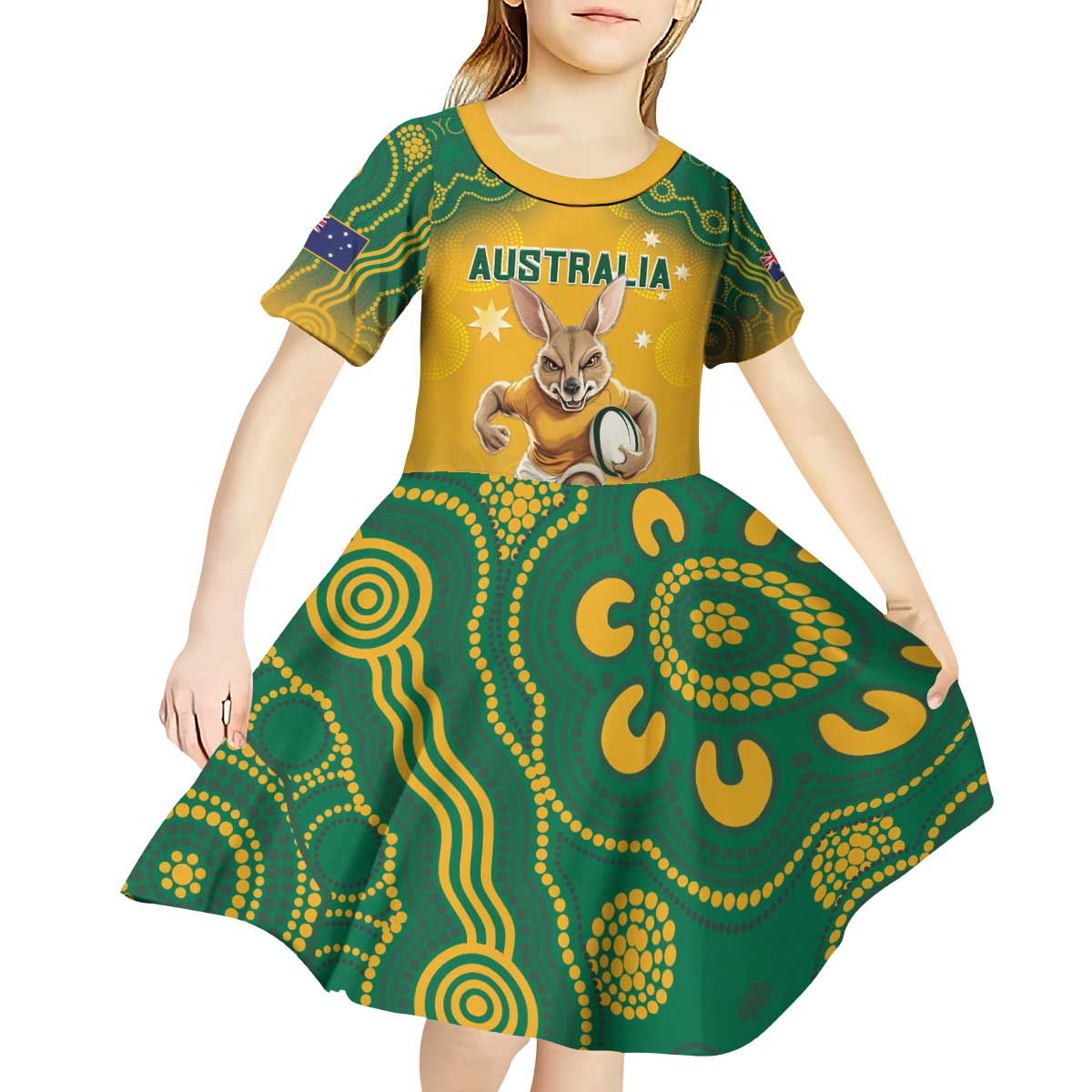 Custom Australia Rugby 2024 Kid Short Sleeve Dress Go Wallabies Aboriginal Pattern LT05 - Wonder Print Shop