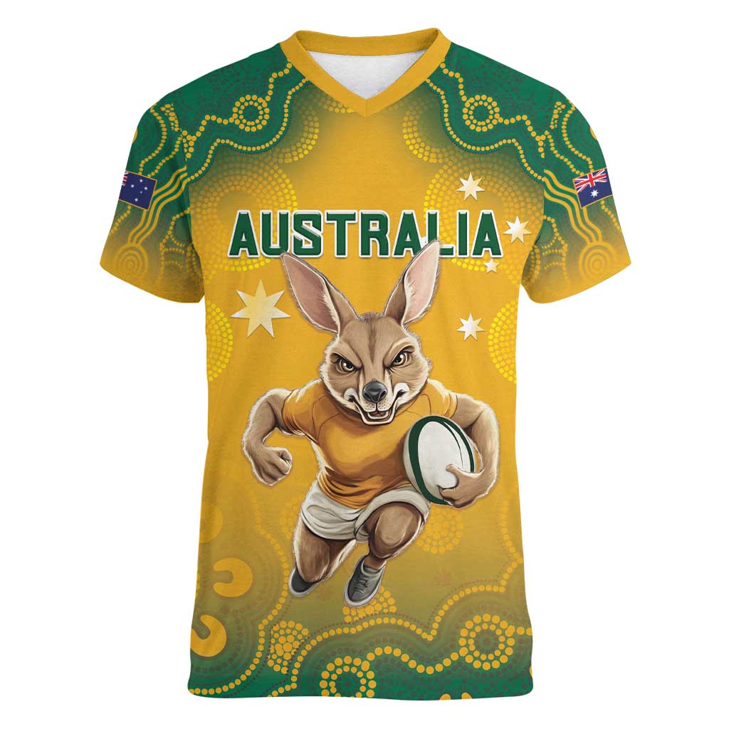 Custom Australia Rugby 2024 Women V-Neck T-Shirt Go Wallabies Aboriginal Pattern LT05 - Wonder Print Shop