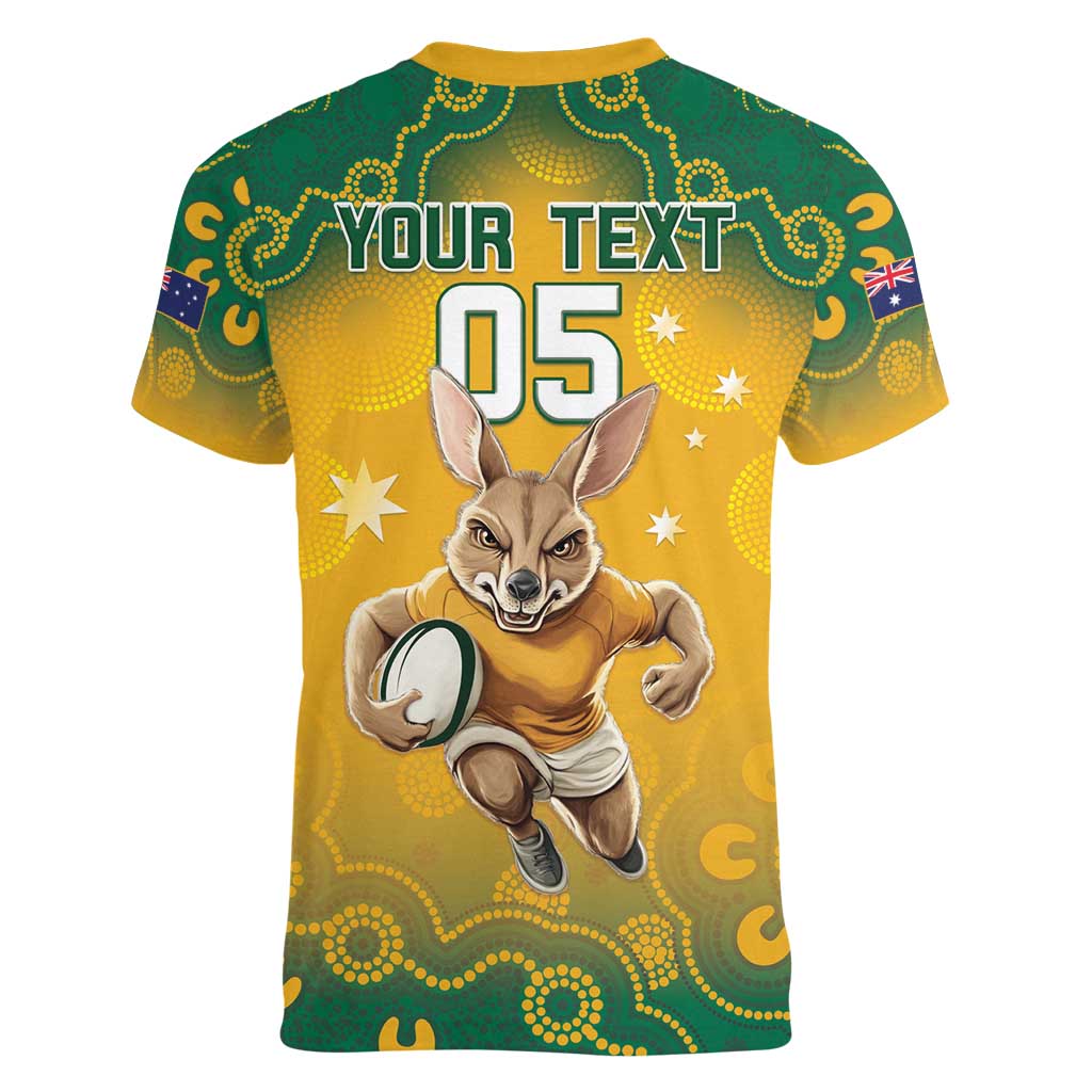 Custom Australia Rugby 2024 Women V-Neck T-Shirt Go Wallabies Aboriginal Pattern LT05 - Wonder Print Shop