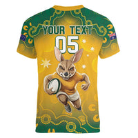 Custom Australia Rugby 2024 Women V-Neck T-Shirt Go Wallabies Aboriginal Pattern LT05 - Wonder Print Shop