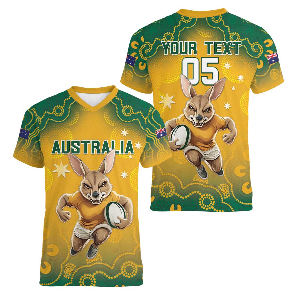 Custom Australia Rugby 2024 Women V-Neck T-Shirt Go Wallabies Aboriginal Pattern LT05 - Wonder Print Shop