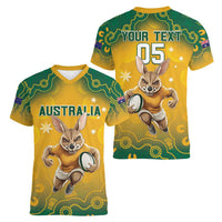 Custom Australia Rugby 2024 Women V-Neck T-Shirt Go Wallabies Aboriginal Pattern LT05 - Wonder Print Shop