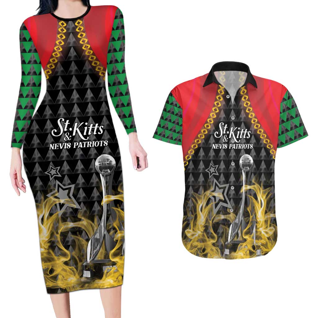 Custom St Kitts Nevis Cricket Patriots Couples Matching Long Sleeve Bodycon Dress and Hawaiian Shirt Road To Victory - Wonder Print Shop