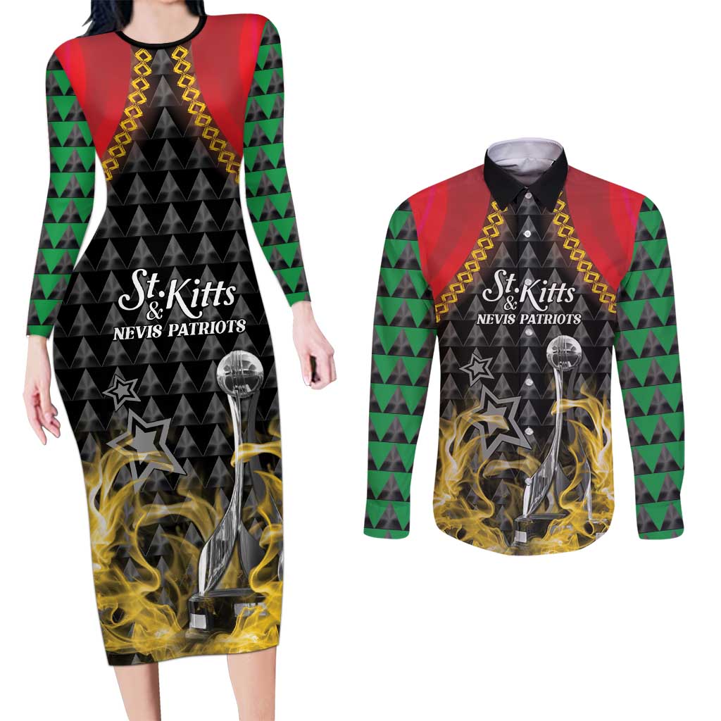 Custom St Kitts Nevis Cricket Patriots Couples Matching Long Sleeve Bodycon Dress and Long Sleeve Button Shirt Road To Victory - Wonder Print Shop