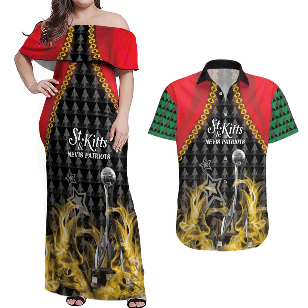 Custom St Kitts Nevis Cricket Patriots Couples Matching Off Shoulder Maxi Dress and Hawaiian Shirt Road To Victory - Wonder Print Shop