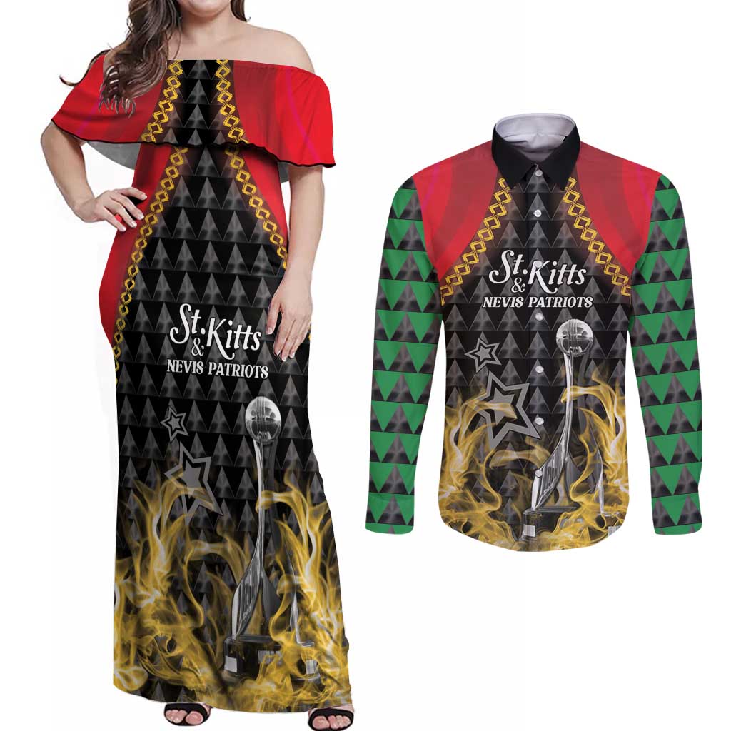 Custom St Kitts Nevis Cricket Patriots Couples Matching Off Shoulder Maxi Dress and Long Sleeve Button Shirt Road To Victory - Wonder Print Shop